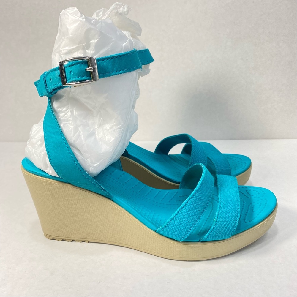 Crocs Leigh II Turquoise Double Strap Wedge Sandal Ankle Strap 11382; Women Sz 9